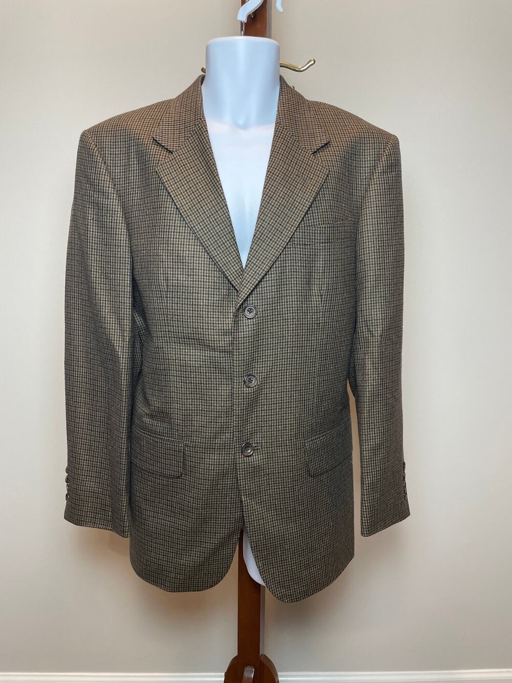 Oscar de la Renta Blazer Size 38R Taupe Silk Wool Houndstooth Three Button